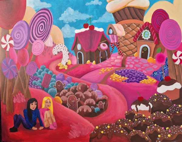 A painting of two children in a world made of candy from a heart and soul exhibition