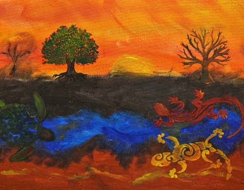 Boodja on Country by Chris-Eldridge artwork depicting a yellow orange sky with geckos, stream green and brown trees