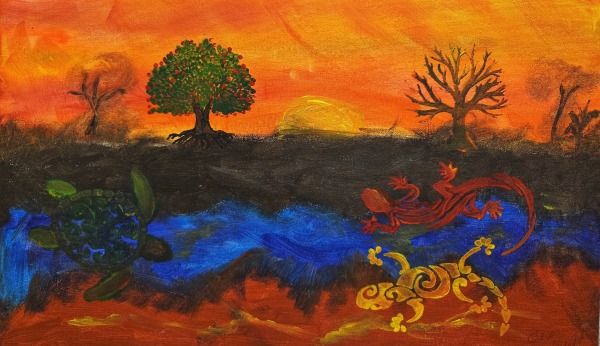 Boodja on Country by Chris-Eldridge artwork depicting a yellow orange sky with geckos, stream green and brown trees