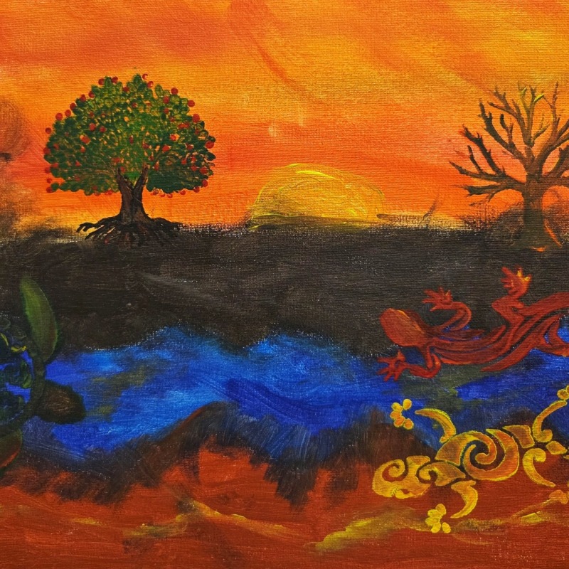Boodja on Country by Chris-Eldridge artwork depicting a yellow orange sky with geckos, stream green and brown trees